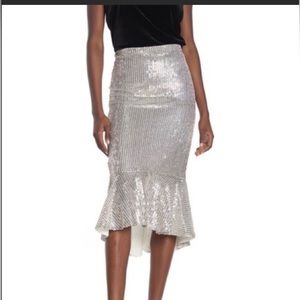 Alice + Olivia Kina Sequin Beaded Mermaid Hi-Low Midi Skirt In Silver Size 4